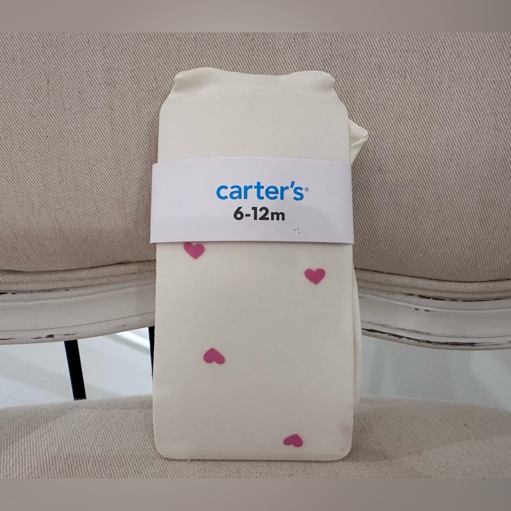 🤍 6~12 Mth Baby Ivory~Cream Pink Heart Print Tights NWT